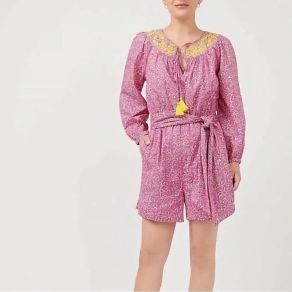 J.Crew Embroidered romper in pink vines block print pink orange multi NWT 8